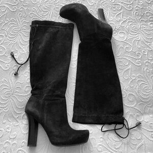 BCBGirls Belinda Black Suede Knee High Boots Heel 8.5 Lace Tie Gold Detail